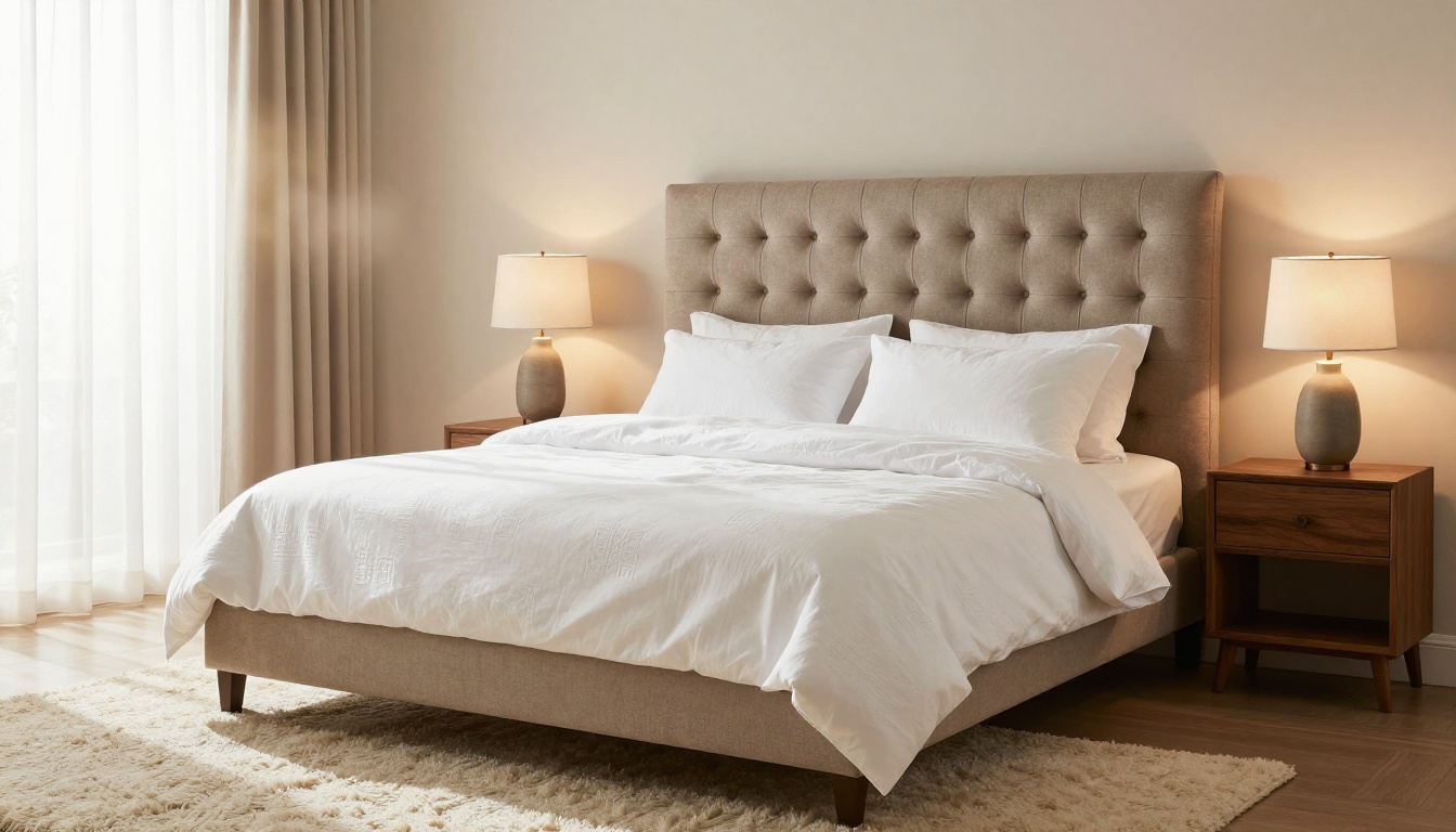 A beautifully staged premium bedroom with a tufted headboard, white linen bedding, walnut bedside tables, and soft morning light streaming through sheer curtains A beautifully staged premium bedroom with a tufted headboard, white linen bedding, walnut bedside tables, and soft morning light streaming through sheer curtains