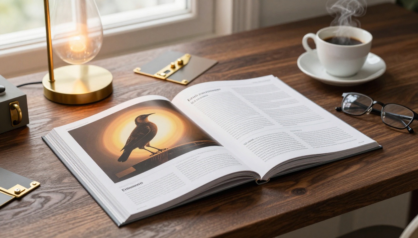 Aerial view of a lighting brand catalog open on a walnut table with brass samples