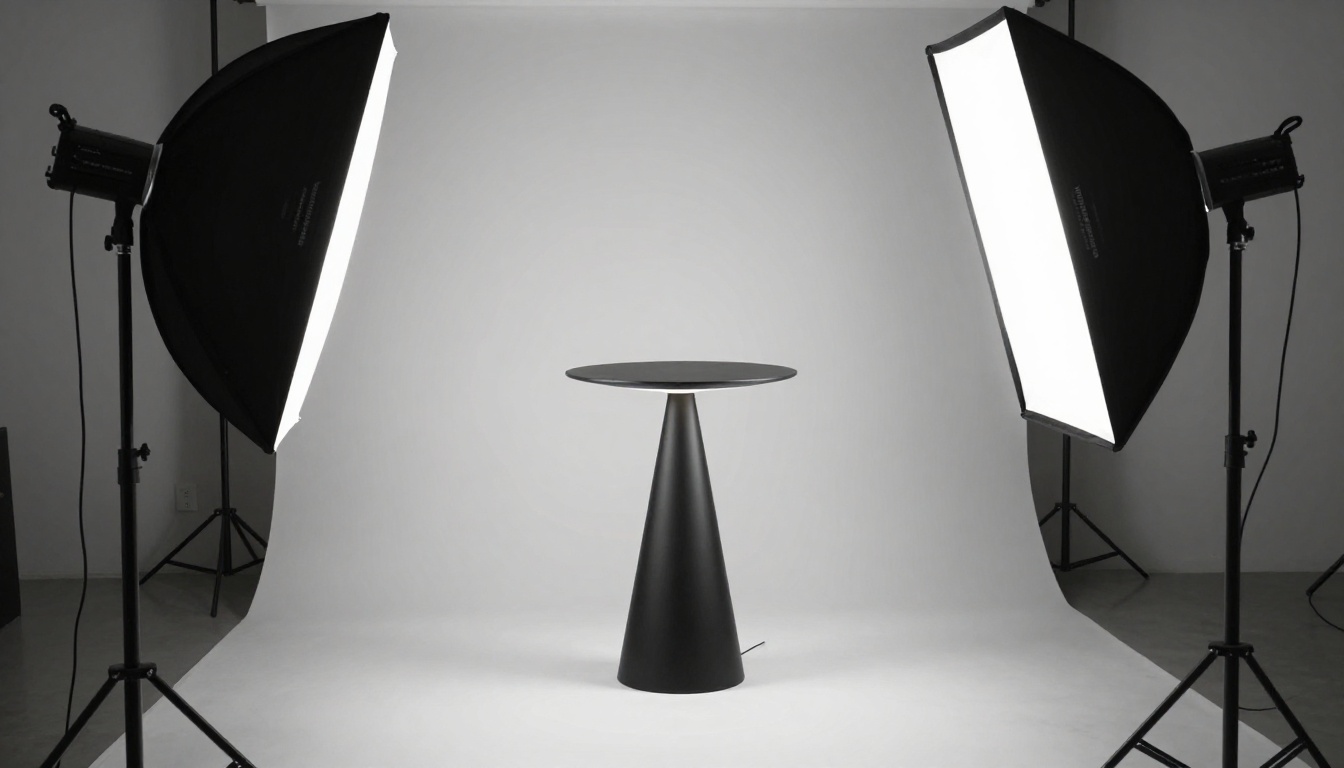 Professional product photographer setting up a matte black table lamp in a studio