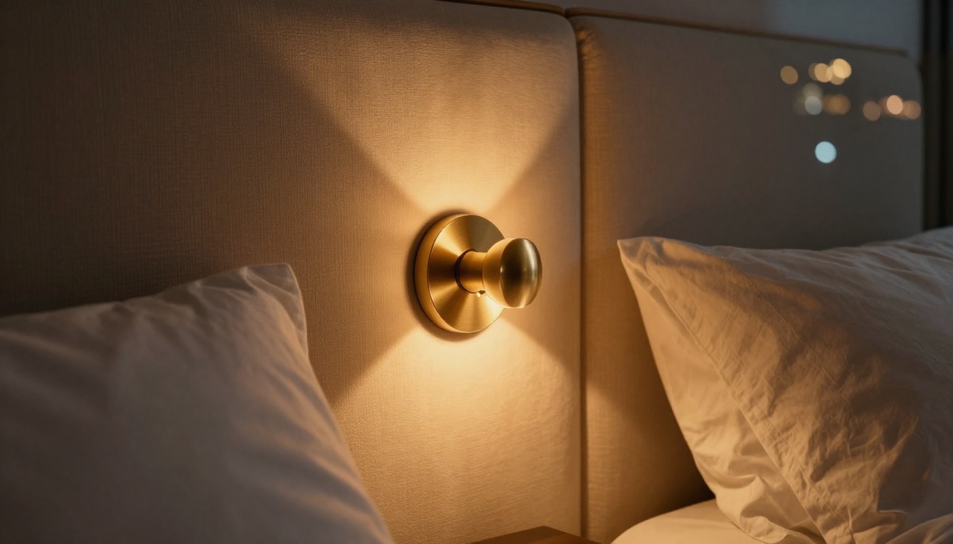 Designer bedside wall sconce casting warm amber light on linen pillows