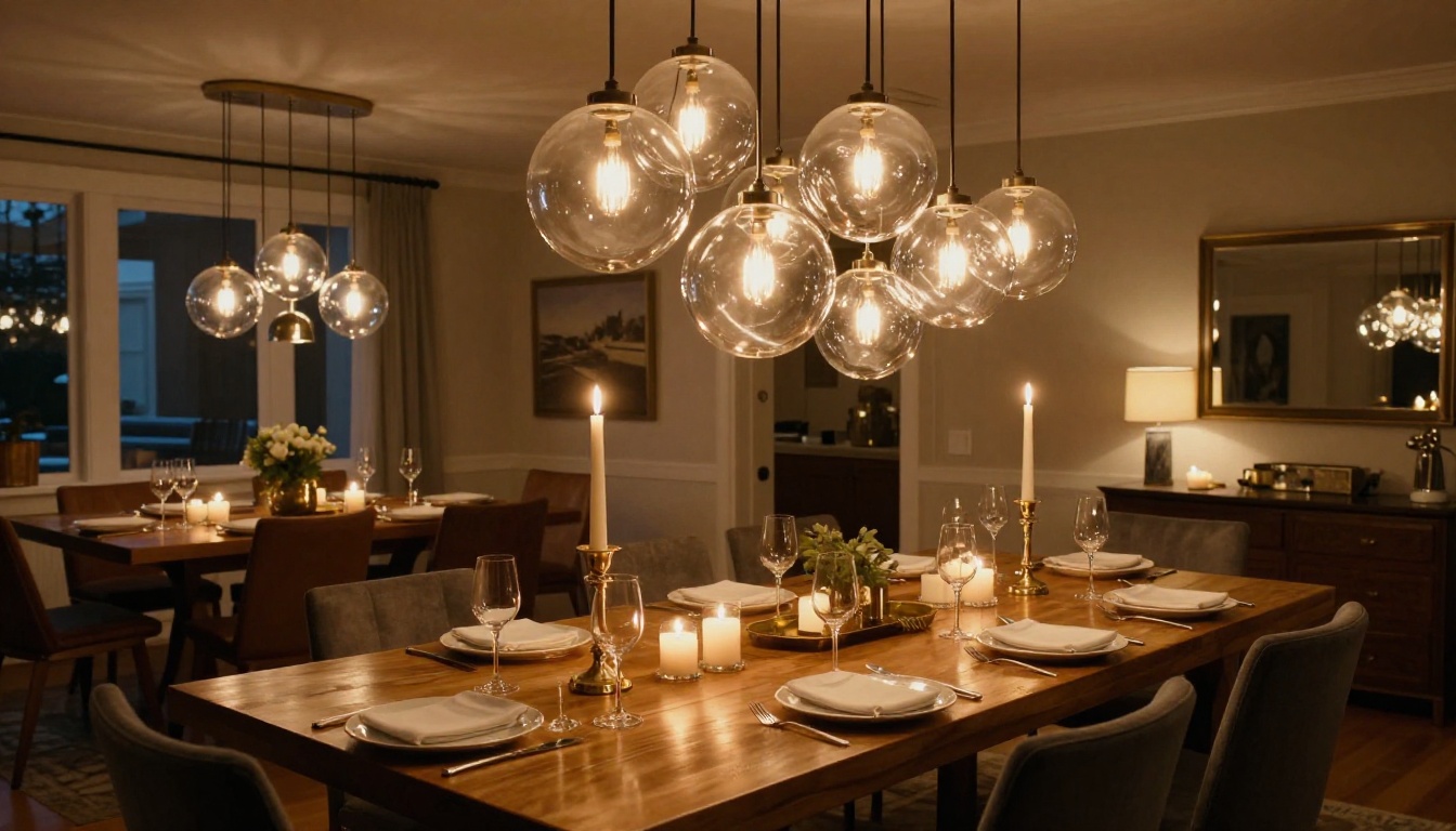 Dramatic cluster of glass globe pendants over a dining table set for dinner Dramatic cluster of glass globe pendants over a dining table set for dinner