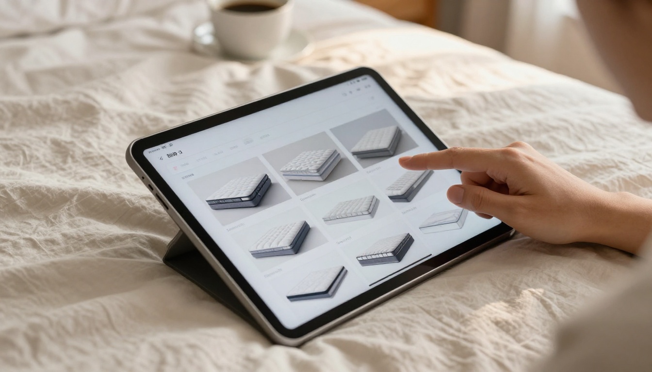 A person browsing a digital mattress catalog on a tablet resting on a cream linen duvet