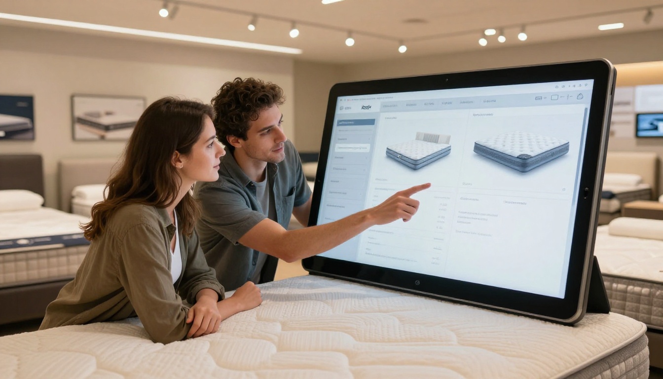 A salesperson presenting a digital flipbook catalog on an iPad to a couple in a mattress showroom