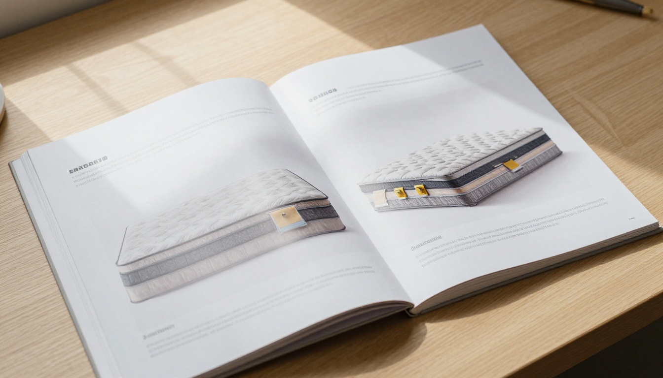 A printed mattress product catalog opened to a comparison page, with fabric swatches on a wooden desk