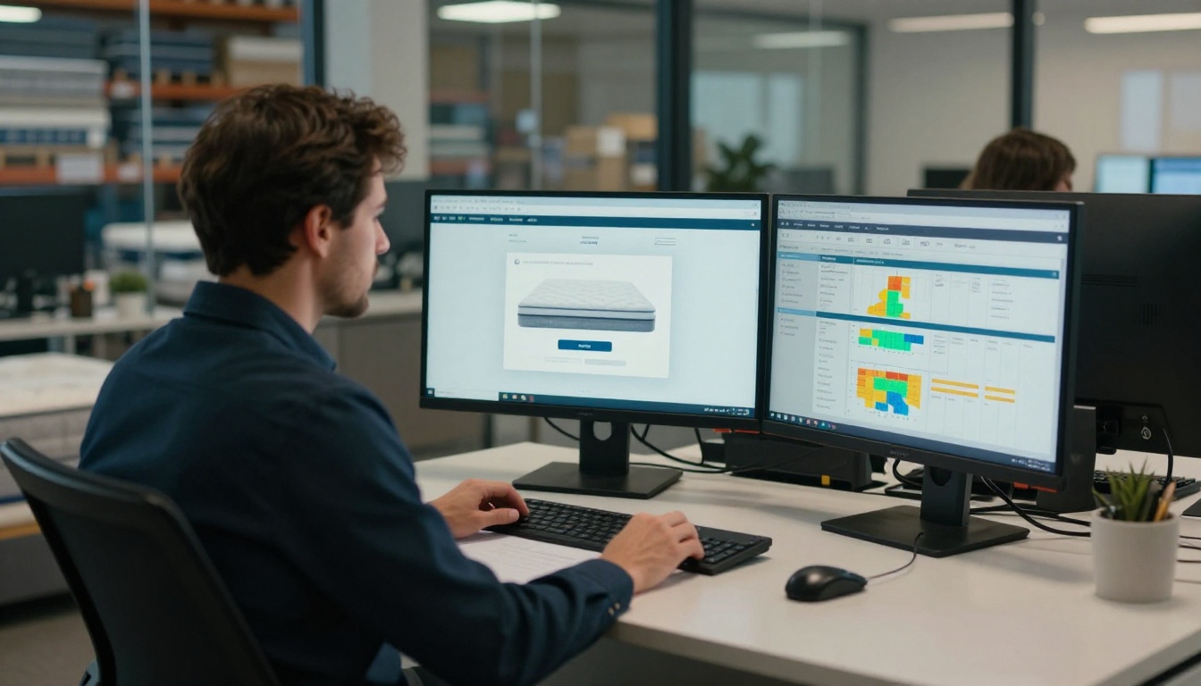 A purchasing manager reviewing a password-protected flipbook and analytics dashboard on dual monitors in a corporate office A purchasing manager reviewing a password-protected flipbook and analytics dashboard on dual monitors in a corporate office