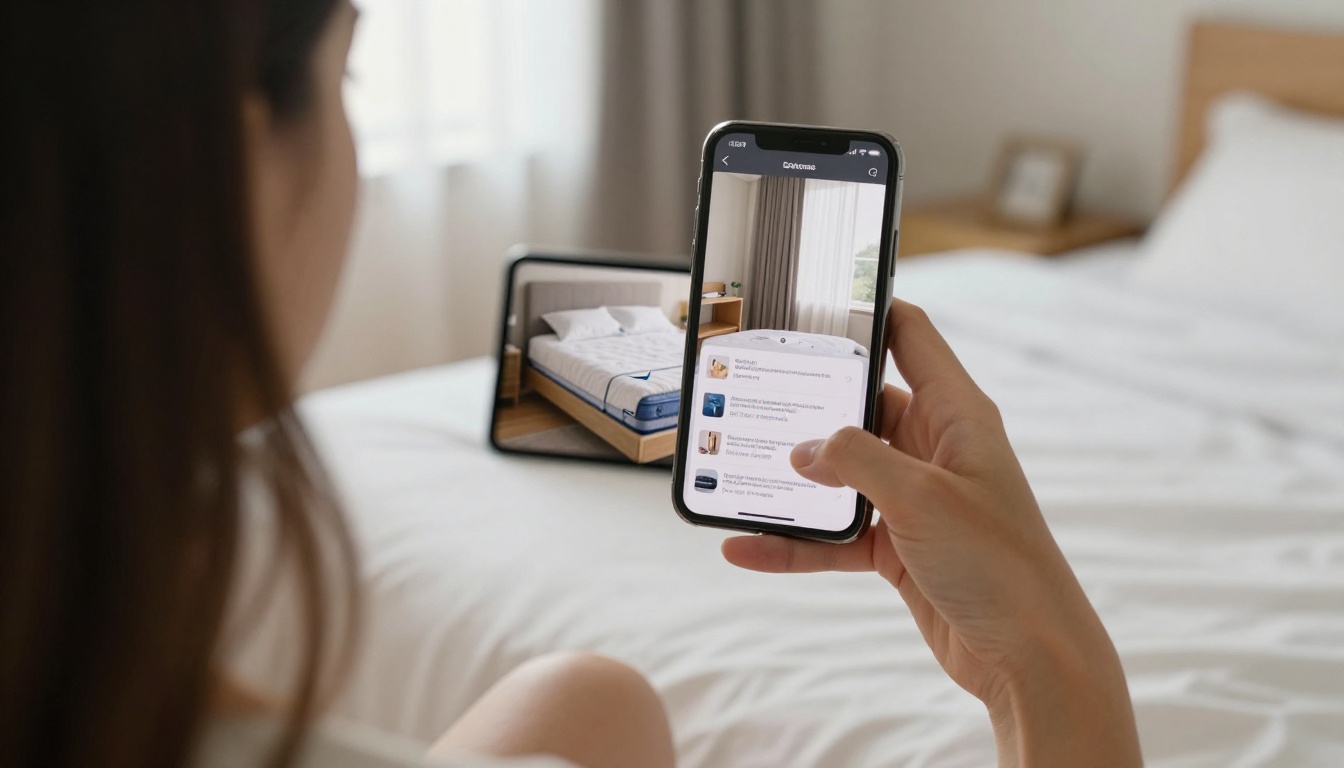 A woman browsing a mattress catalog flipbook on her smartphone while sitting on the edge of a neatly made bed A woman browsing a mattress catalog flipbook on her smartphone while sitting on the edge of a neatly made bed