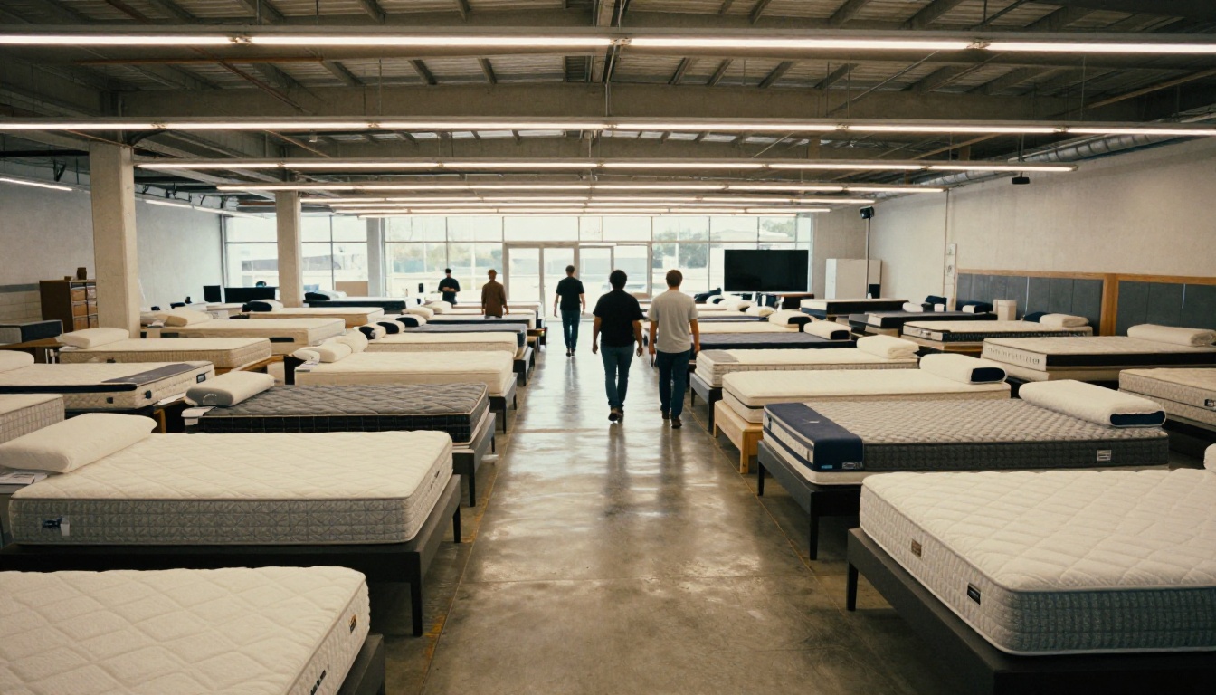 Aerial view of a large mattress factory showroom floor with rows of displayed products under diffused industrial skylights Aerial view of a large mattress factory showroom floor with rows of displayed products under diffused industrial skylights