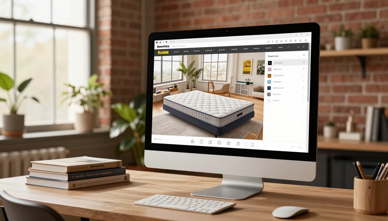 A designer customizing a mattress catalog flipbook with brand colors and logo placement on an iMac in a creative studio A designer customizing a mattress catalog flipbook with brand colors and logo placement on an iMac in a creative studio