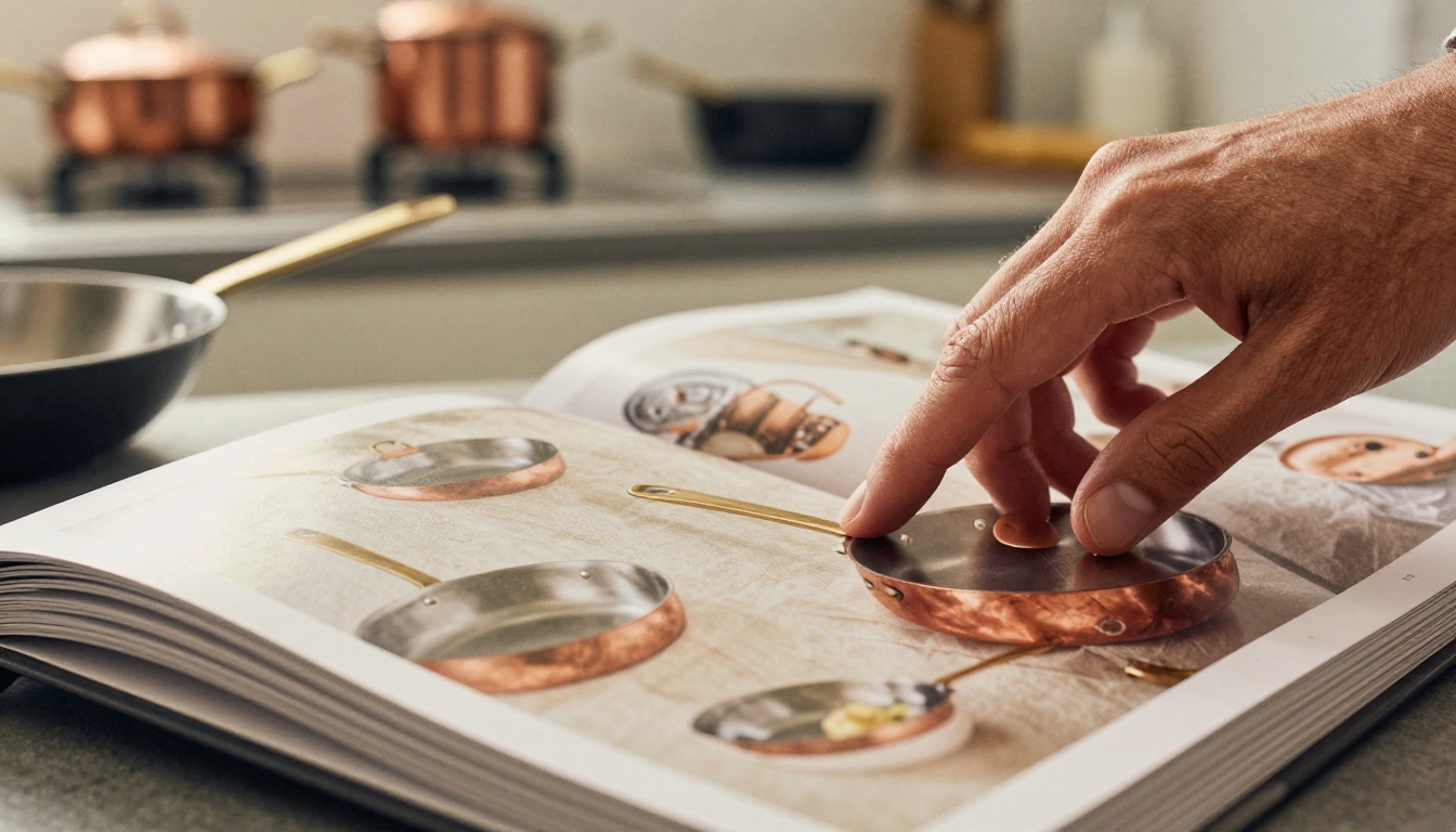A chef's hands turning the glossy pages of a premium cookware catalog A chef's hands turning the glossy pages of a premium cookware catalog