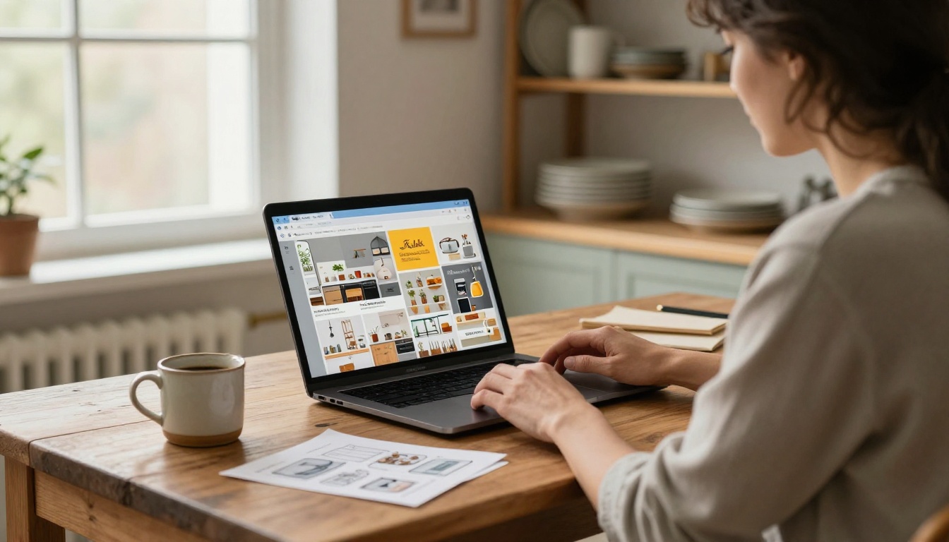 A business owner reviewing their digital product catalog on a laptop at a wooden desk A business owner reviewing their digital product catalog on a laptop at a wooden desk