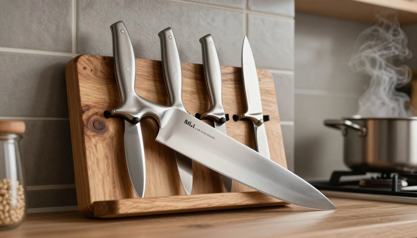 A premium knife set on a wooden magnetic wall mount in a modern kitchen A premium knife set on a wooden magnetic wall mount in a modern kitchen