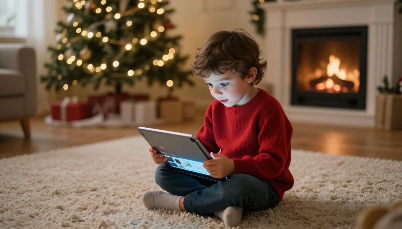 Child browsing a digital toy catalog flipbook on a tablet during the holidays