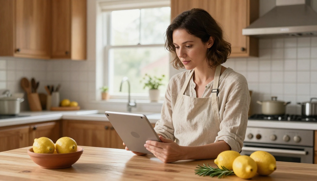 A woman browsing a digital kitchen product flipbook on a tablet at her kitchen island A woman browsing a digital kitchen product flipbook on a tablet at her kitchen island