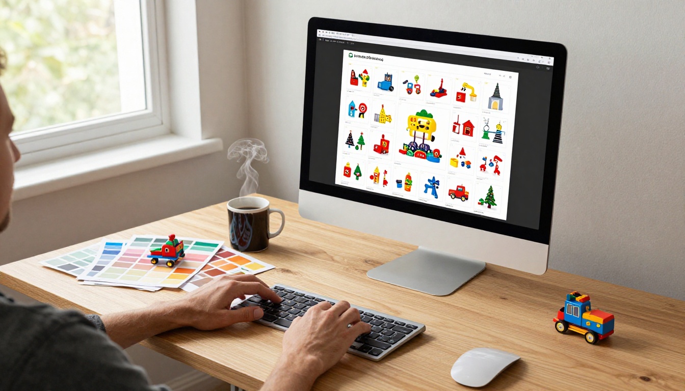 Designer creating a holiday toy catalog flipbook layout on a desktop computer