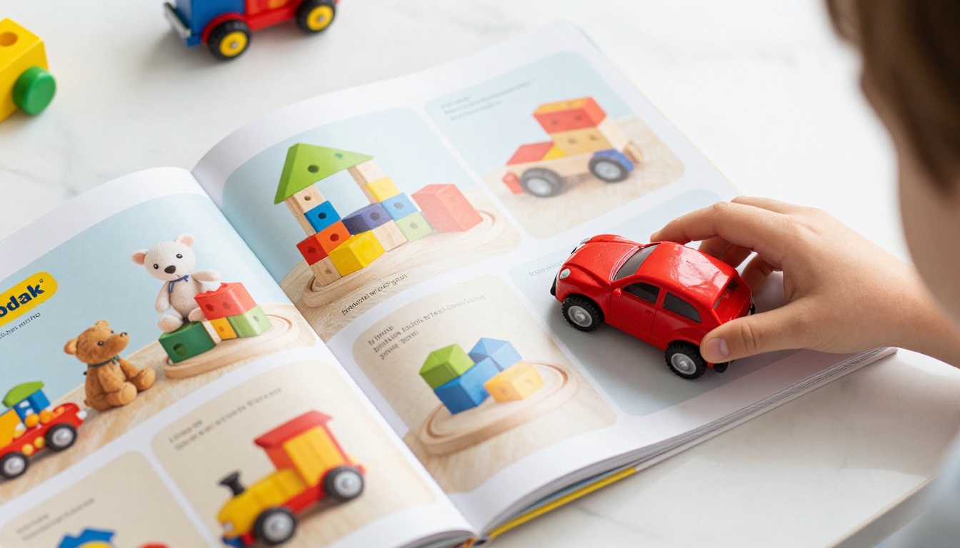 Close-up of a colorful toy catalog spread showing product photography