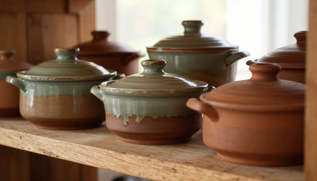 Handcrafted terracotta and ceramic cookware collection on a reclaimed wood shelf