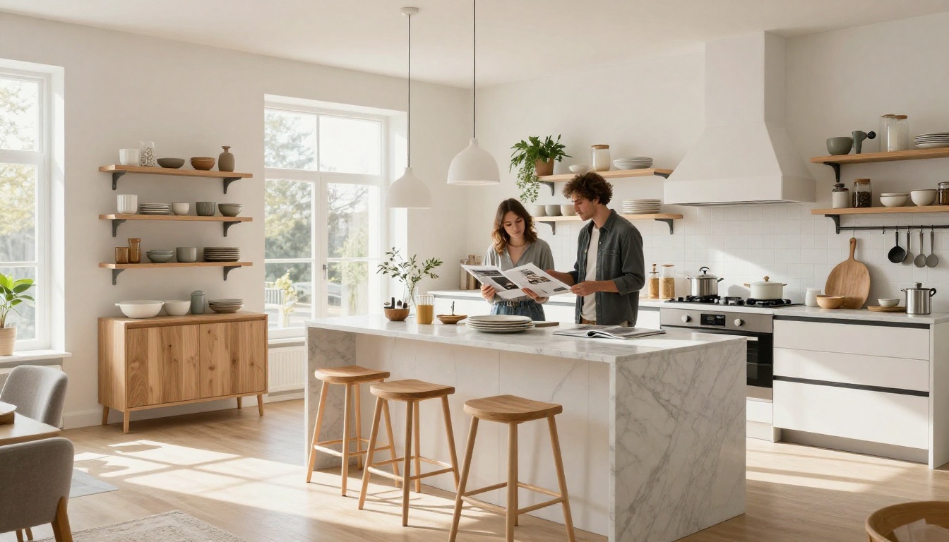 A bright Scandinavian kitchen showroom with curated kitchenware displayed on open shelves