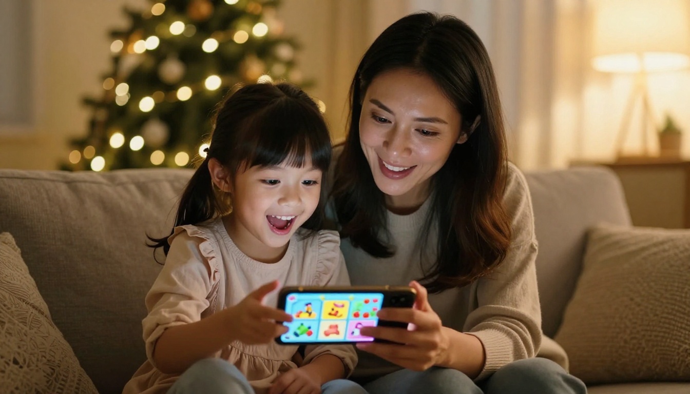 Mother and daughter browsing a toy flipbook catalog on a smartphone together