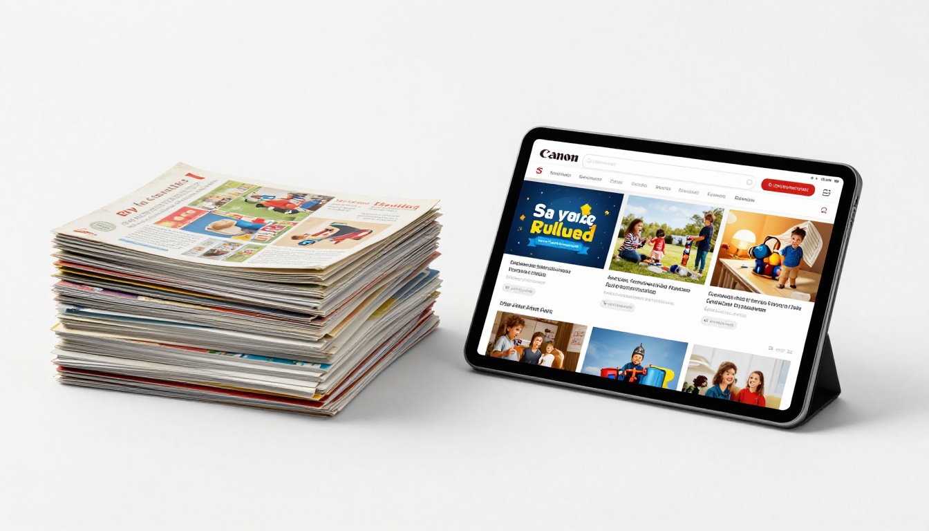 Print catalogs stacked versus a tablet displaying a crisp digital flipbook catalog