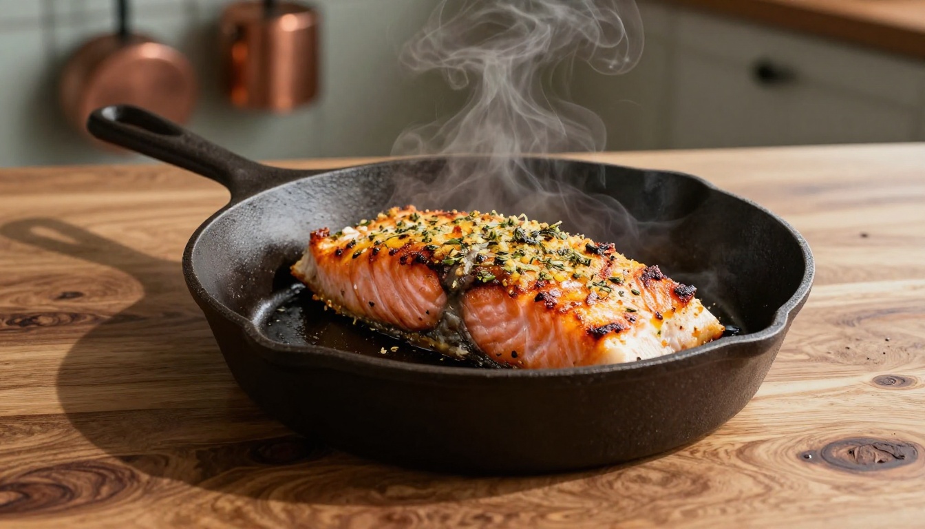 A dramatic low-angle shot of a cast iron skillet with a seared herb-crusted salmon