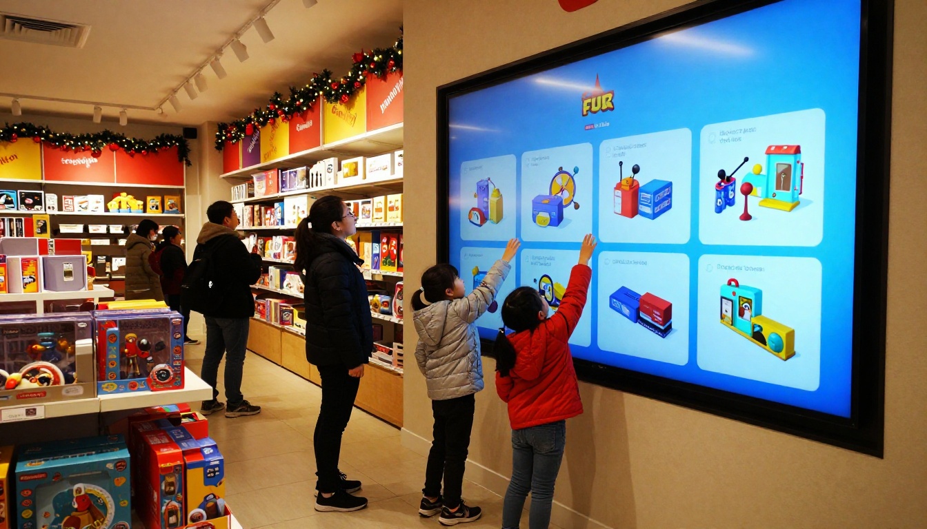 Children and parent at a toy store holiday display with an interactive digital screen