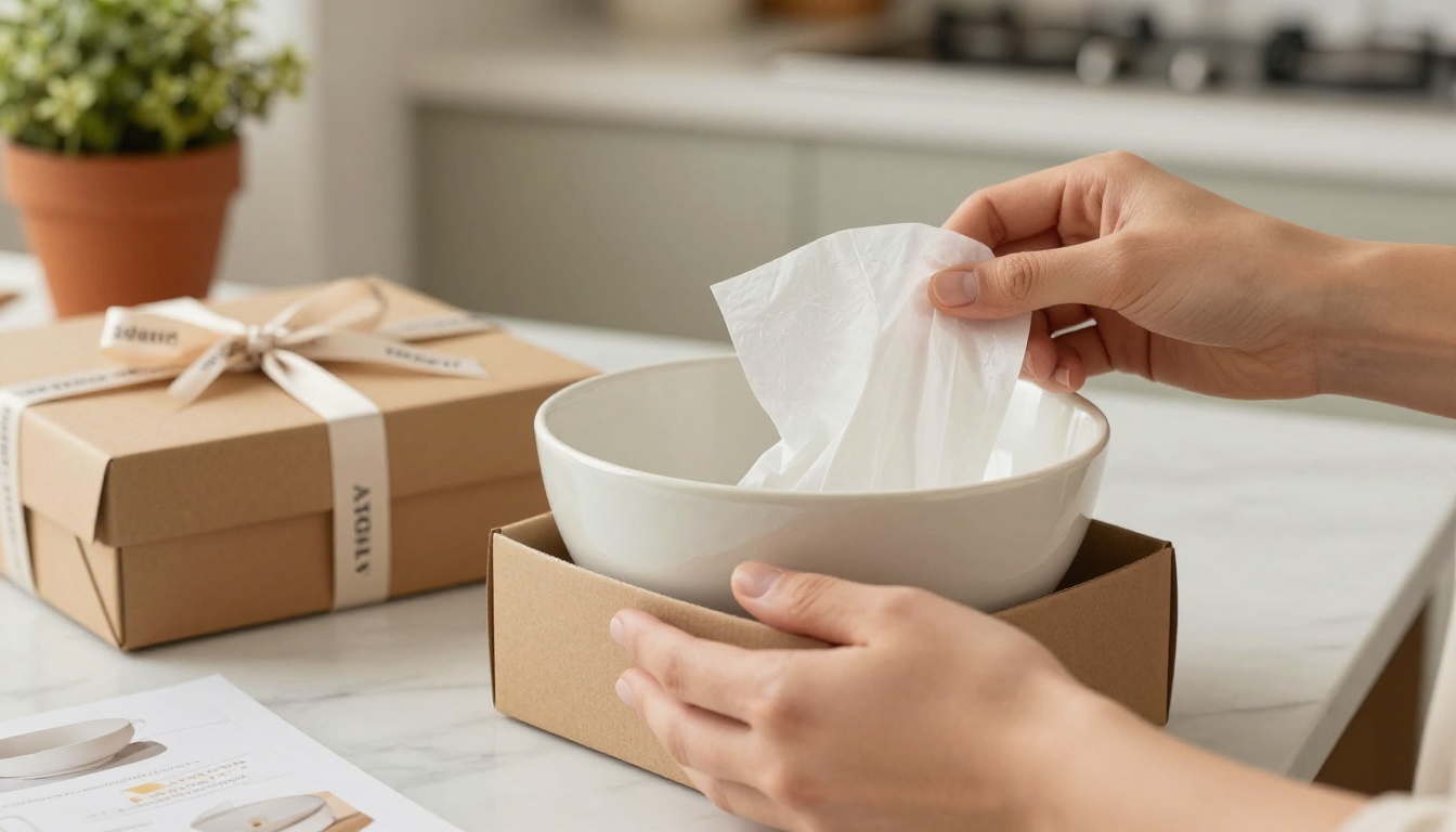A person unboxing a premium ceramic kitchenware set with a printed lookbook catalog beside it