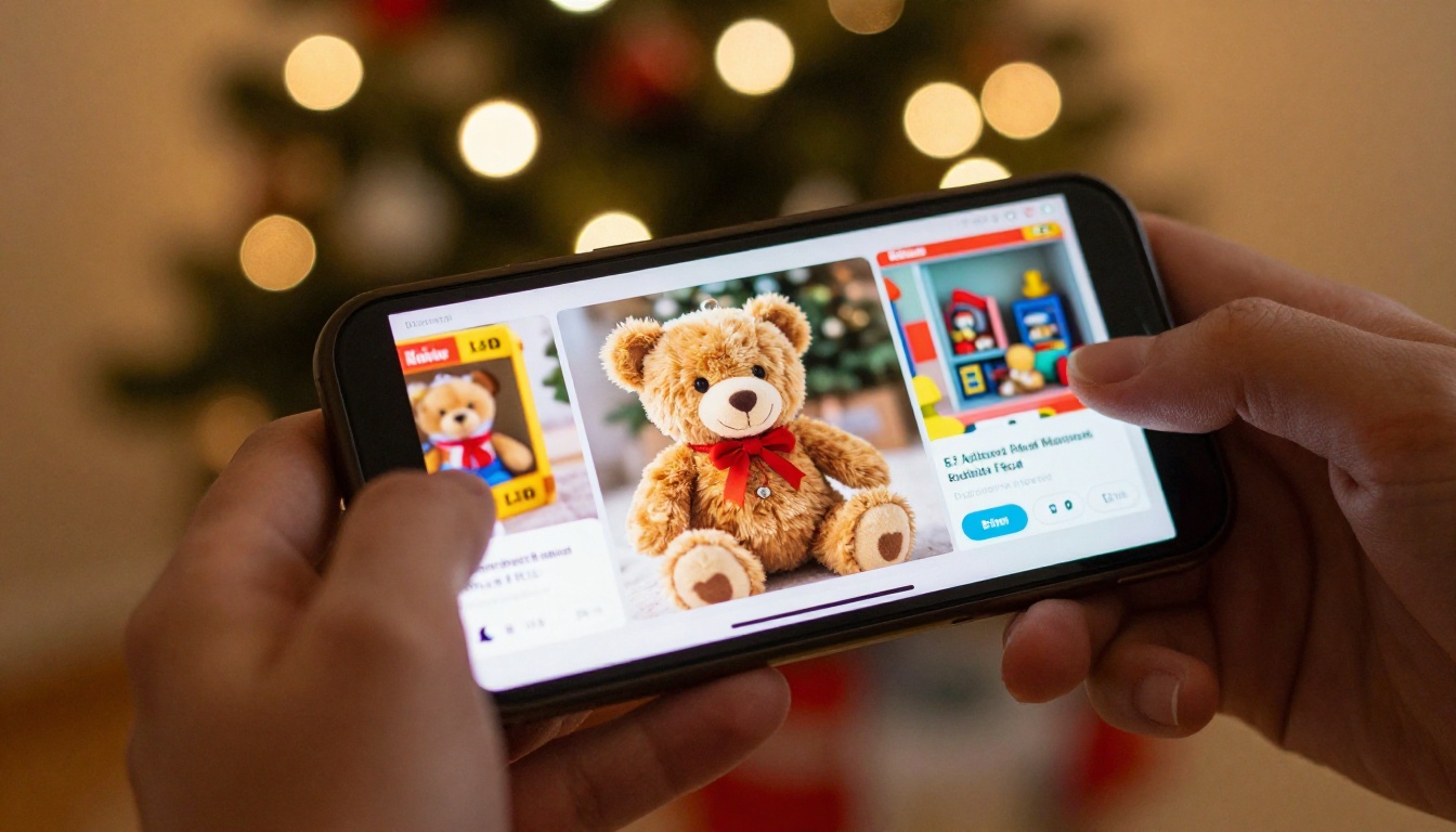 Close-up of a smartphone showing a toy flipbook catalog page with a plush teddy bear