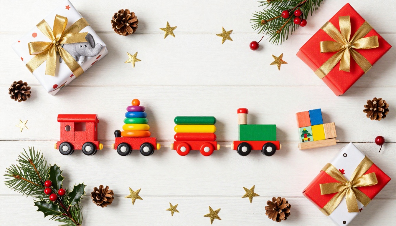 Holiday gift wrapping scene with colorful children's toys arranged as a flat lay