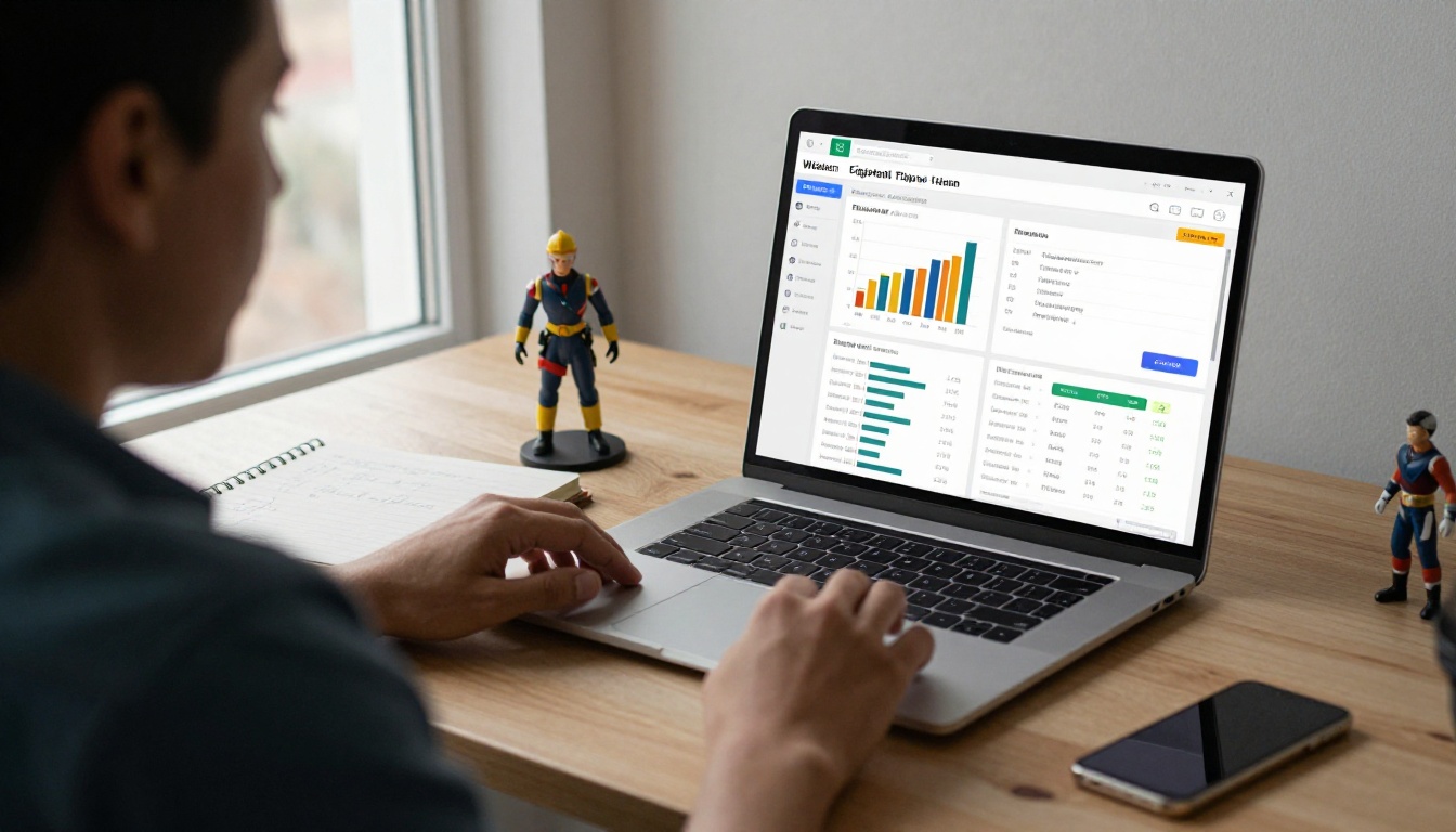 Marketing professional reviewing digital catalog analytics on a laptop