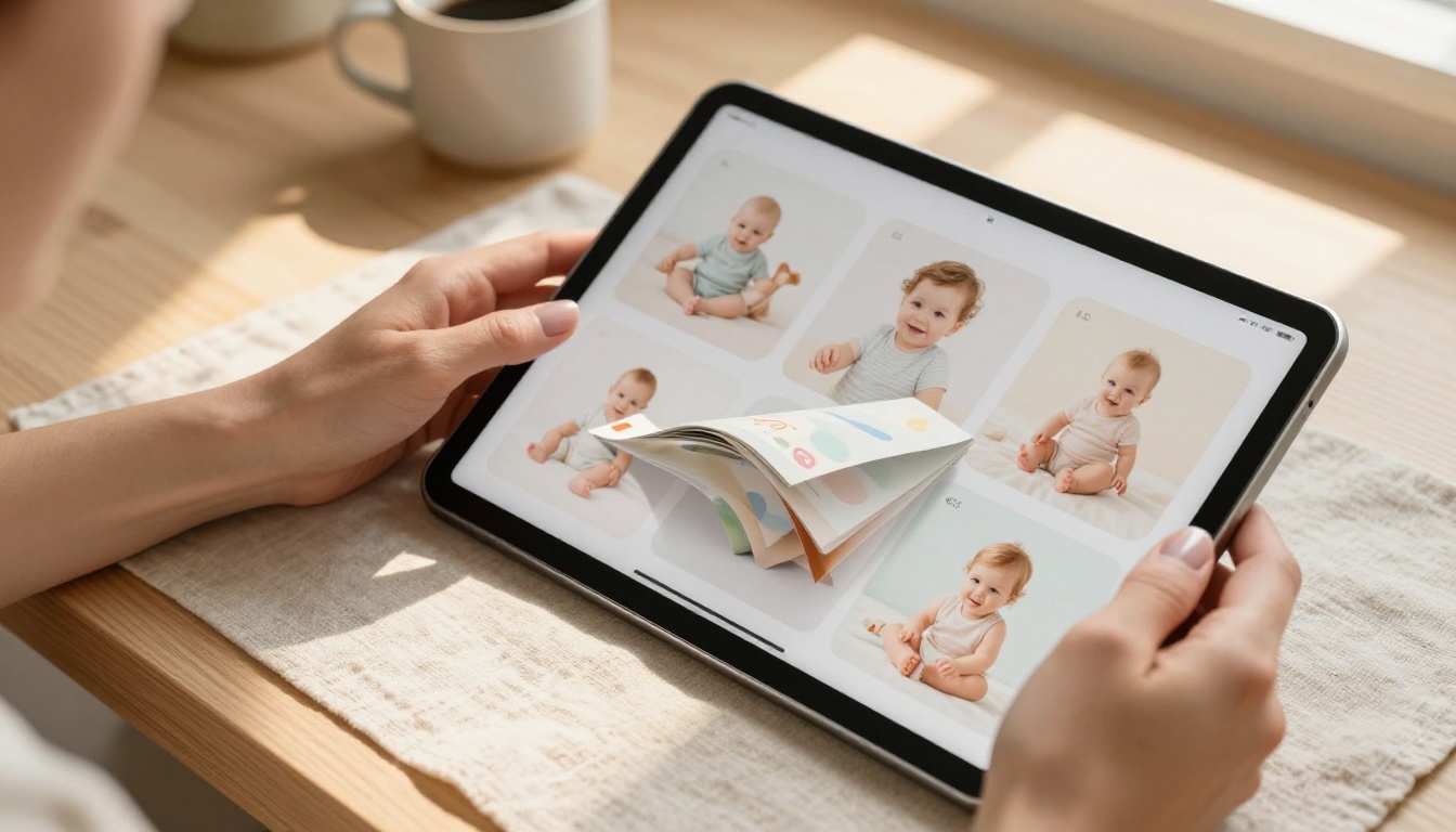 Mother browsing a digital baby products flipbook catalog on a tablet, warm morning kitchen light, aerial overhead