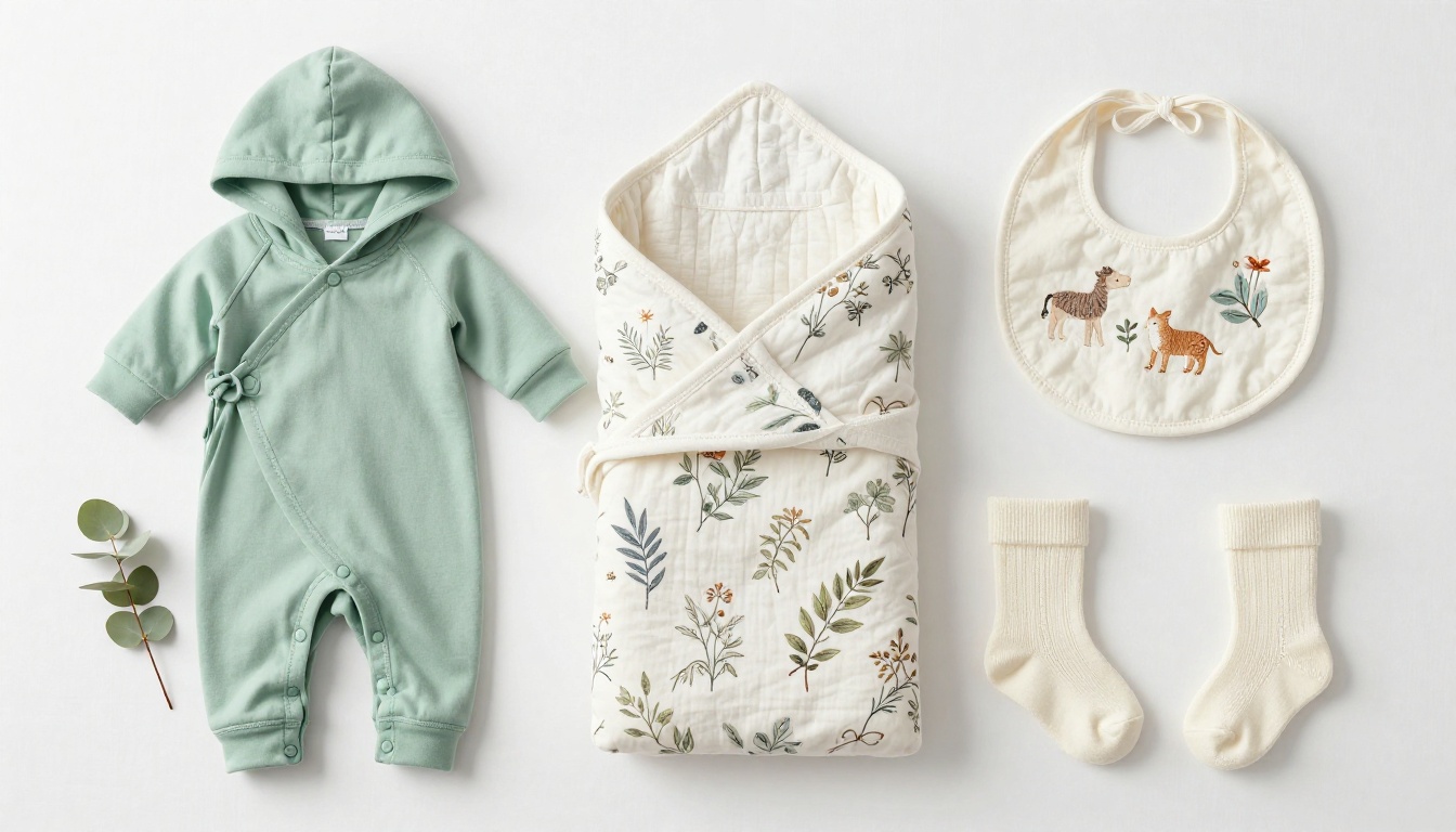 Curated flat lay of premium organic baby clothing on white linen surface, crisp macro studio lighting, aerial composition
