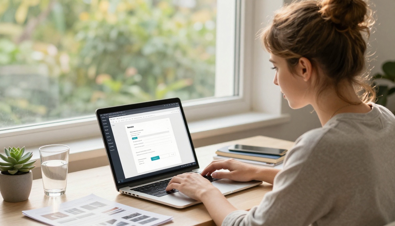 Woman uploading PDF to flipbook platform on laptop at Scandinavian home office desk, afternoon backlight through window