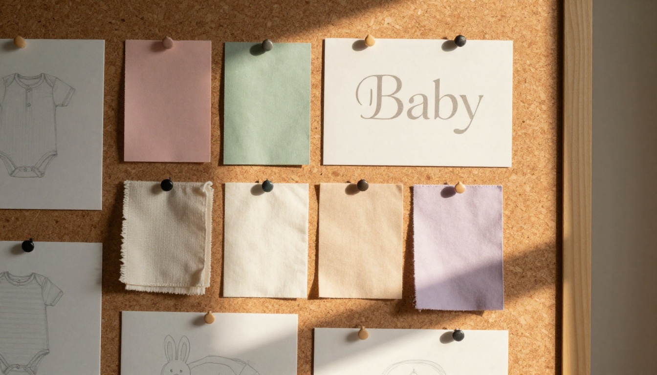 Baby brand color palette mood board with paint swatches and organic fabric samples on cork board, warm golden hour light