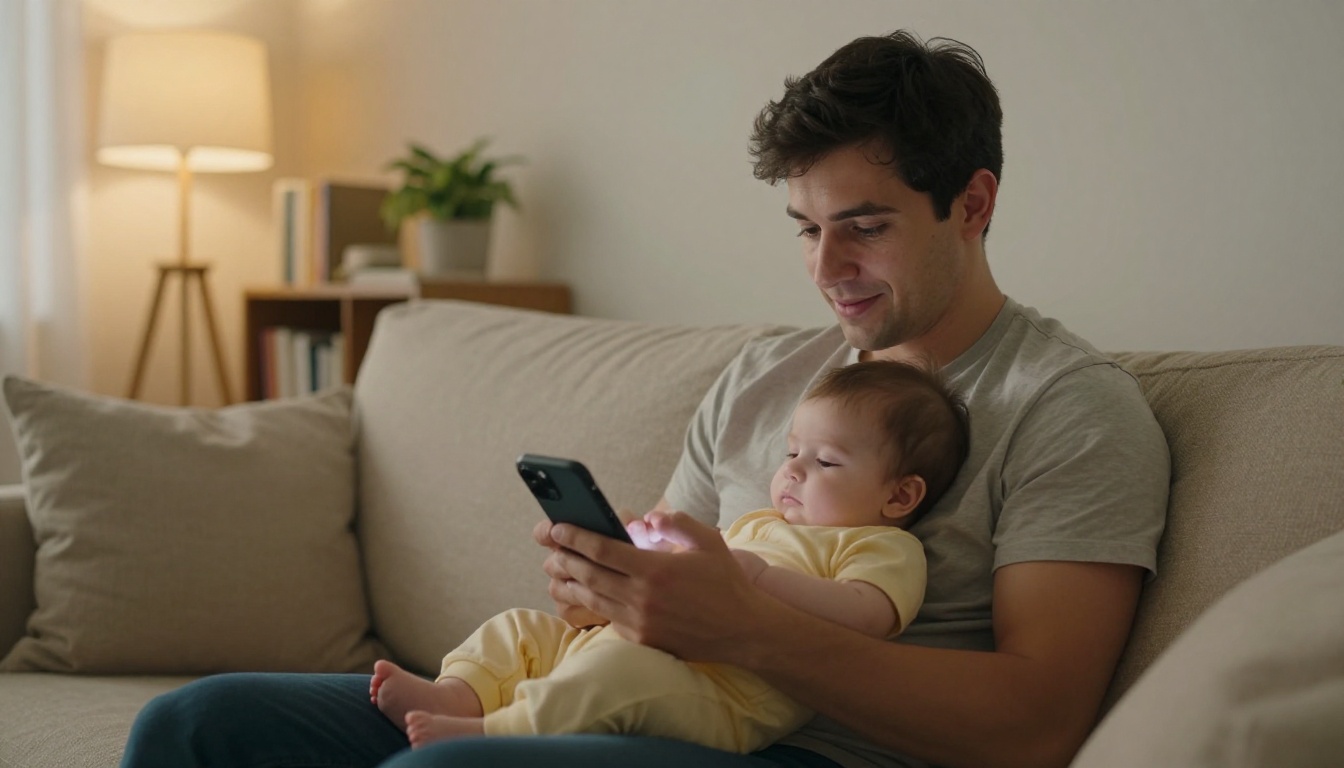 Young father holding sleeping infant while browsing baby products on smartphone, warm home evening lamp light