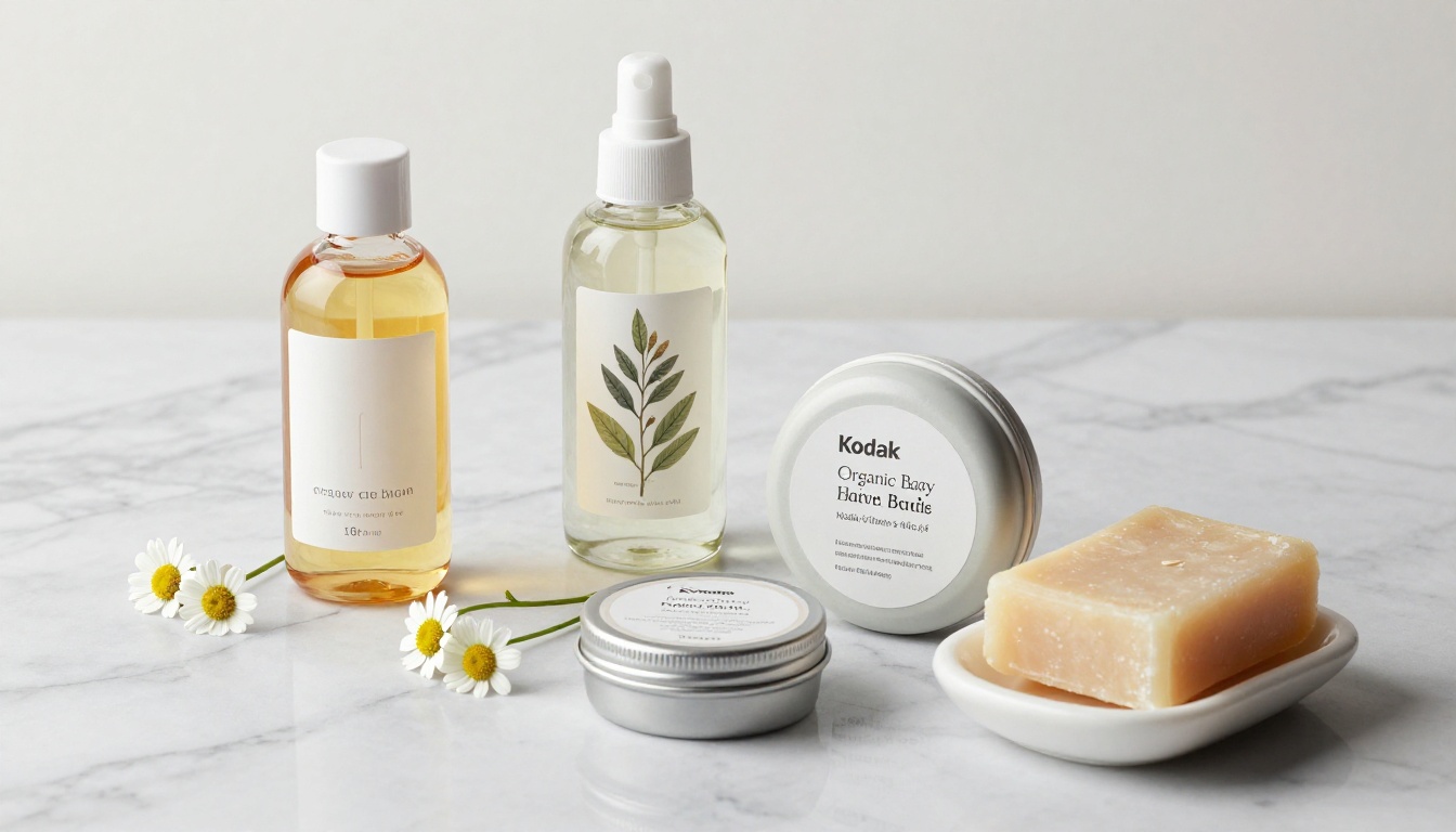 Baby skincare products on white marble surface, amber glass bottles with minimal labels, chamomile sprig, macro three-quarter angle Baby skincare products on white marble surface, amber glass bottles with minimal labels, chamomile sprig, macro three-quarter angle