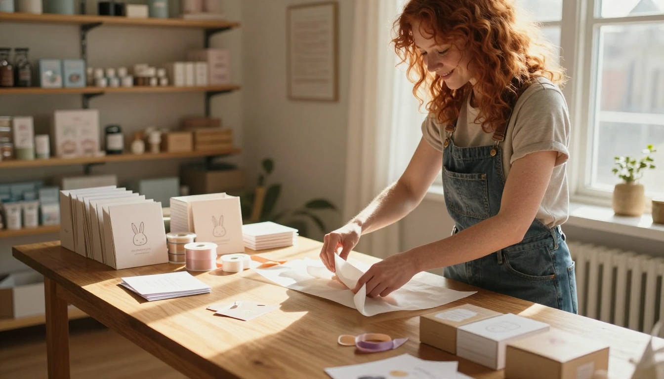 Small business owner with curly red hair packing branded baby product gift sets at wooden table, bright morning light Small business owner with curly red hair packing branded baby product gift sets at wooden table, bright morning light