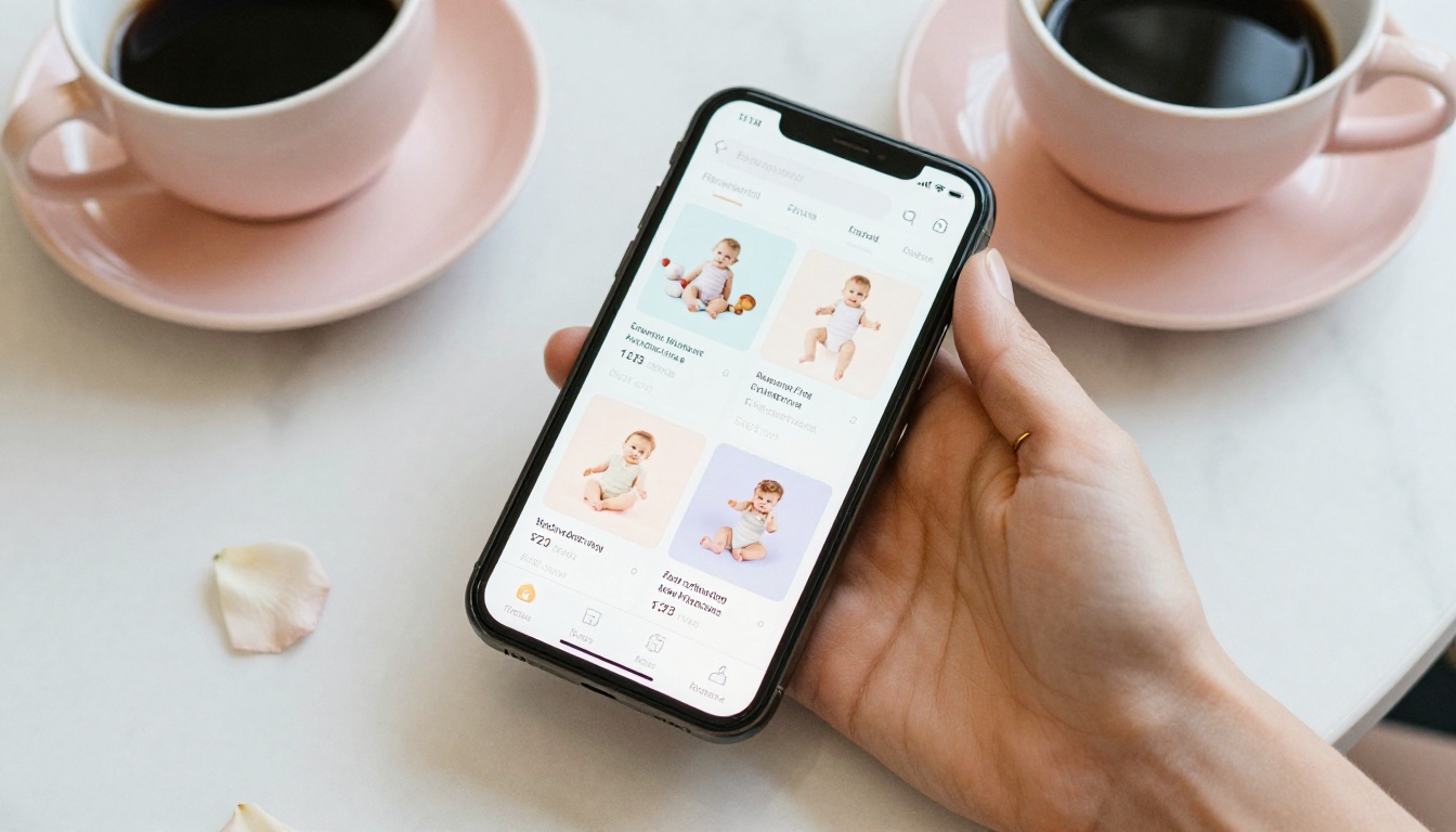 Smartphone showing baby product catalog grid layout held by woman at marble cafe table, aerial close-up, morning light Smartphone showing baby product catalog grid layout held by woman at marble cafe table, aerial close-up, morning light