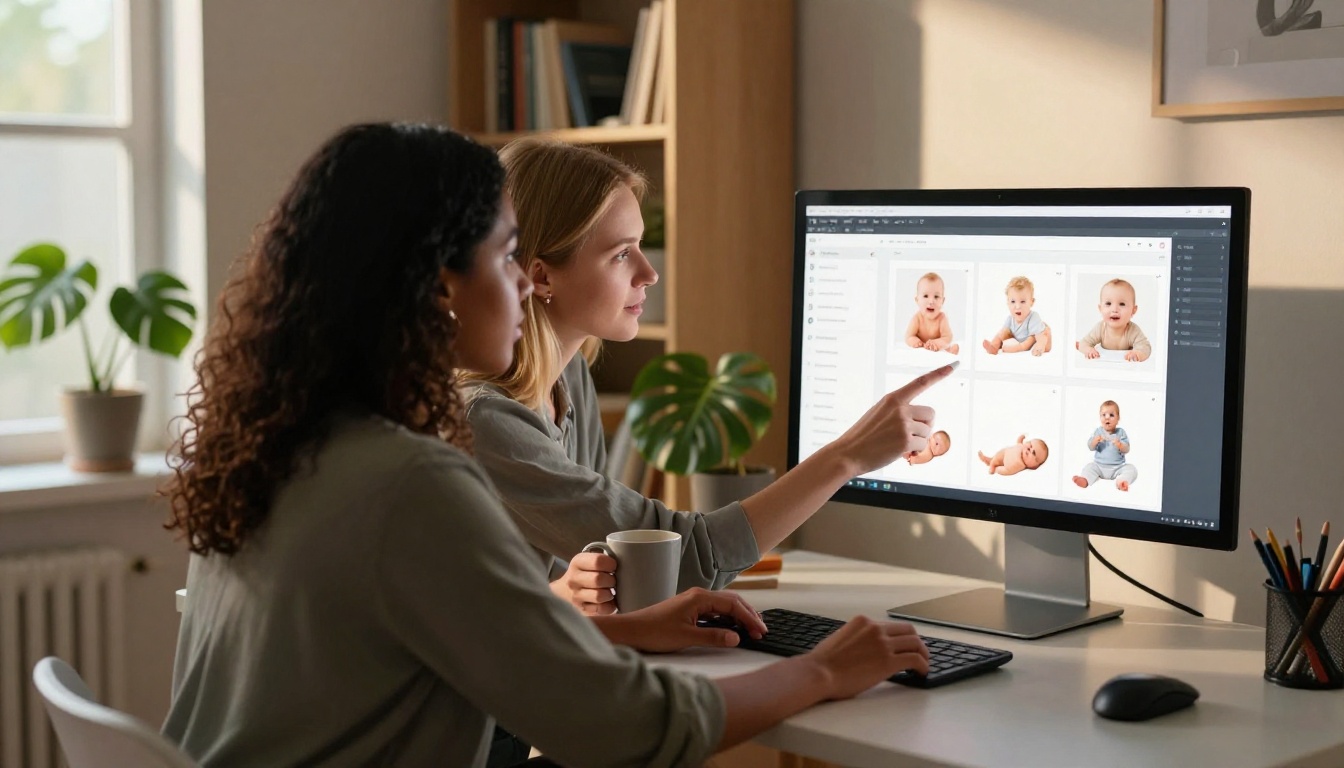 Two women collaborating at a modern home office reviewing baby product digital catalog on a large monitor, warm afternoon sunlight Two women collaborating at a modern home office reviewing baby product digital catalog on a large monitor, warm afternoon sunlight