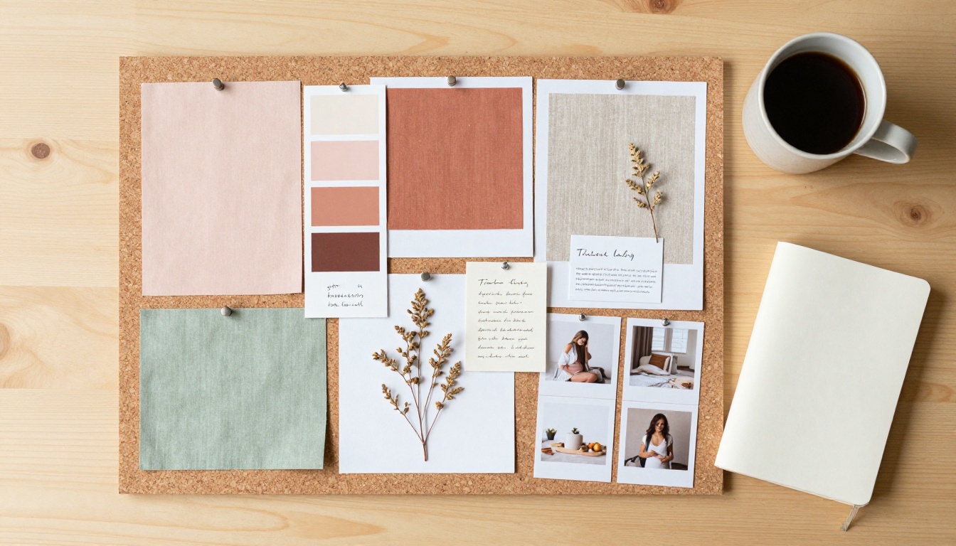 Maternity brand mood board flatlay overhead