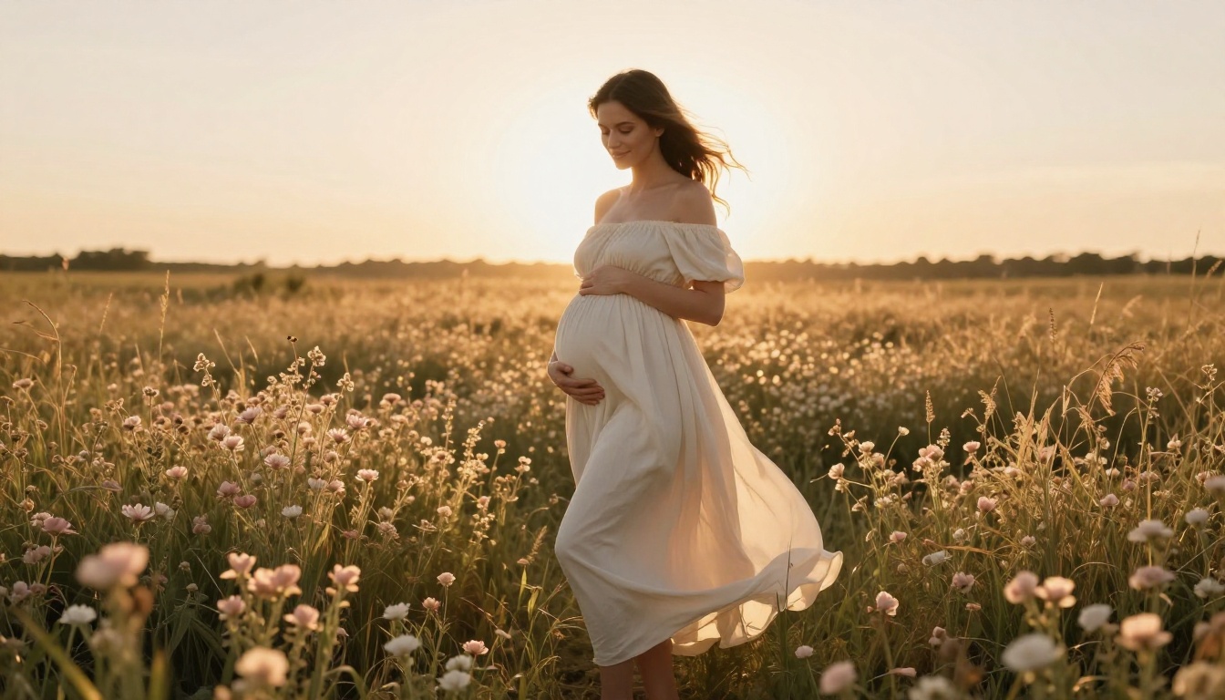 Pregnant woman in wildflower meadow golden hour editorial