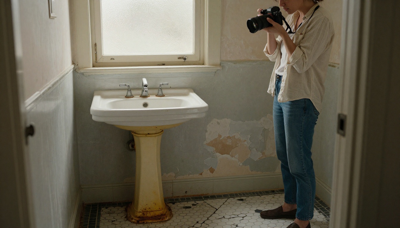 A homeowner documenting a bathroom before renovation begins, capturing original fixtures and surfaces A homeowner documenting a bathroom before renovation begins, capturing original fixtures and surfaces