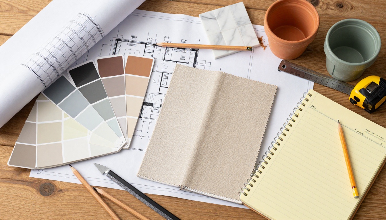 Renovation blueprints, paint swatches, and tile samples organized on a contractor's workbench Renovation blueprints, paint swatches, and tile samples organized on a contractor's workbench