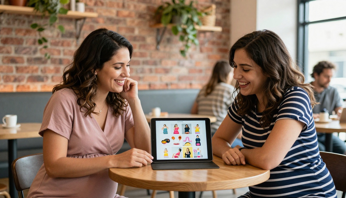 Two pregnant friends sharing a maternity lookbook on tablet