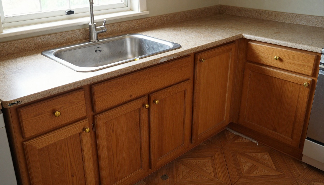 An outdated kitchen with worn oak cabinets and linoleum flooring before renovation An outdated kitchen with worn oak cabinets and linoleum flooring before renovation
