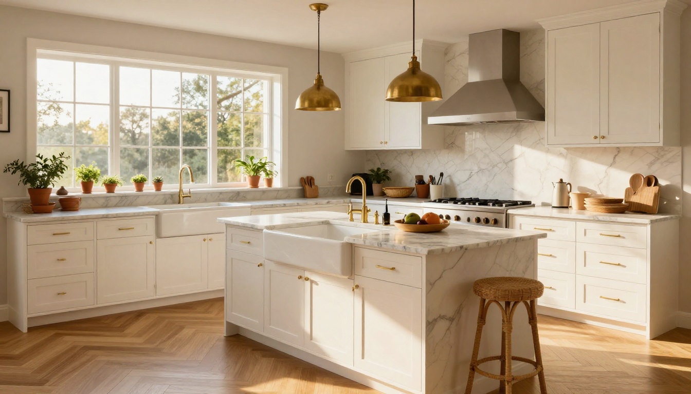 The same kitchen after full renovation, with white shaker cabinets, marble countertops, and brass fixtures The same kitchen after full renovation, with white shaker cabinets, marble countertops, and brass fixtures