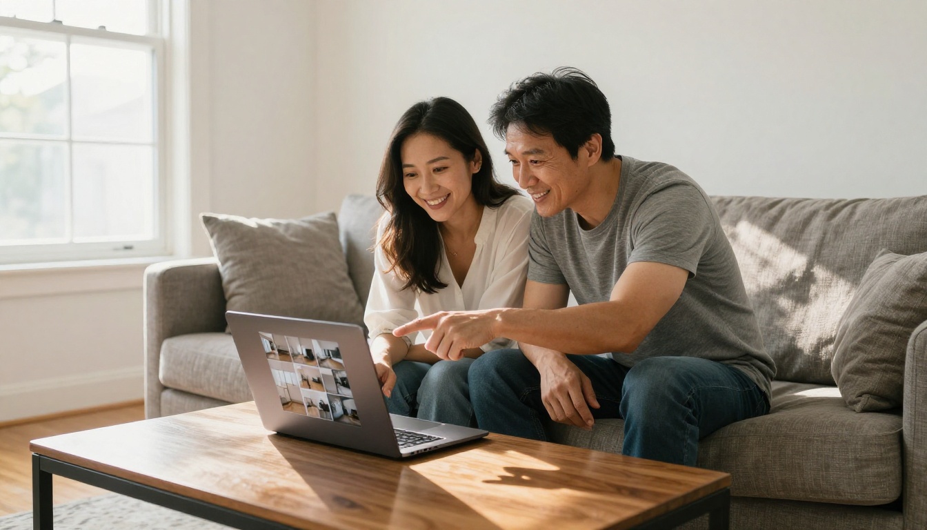 A couple reviewing their completed renovation photo collection together on a laptop A couple reviewing their completed renovation photo collection together on a laptop