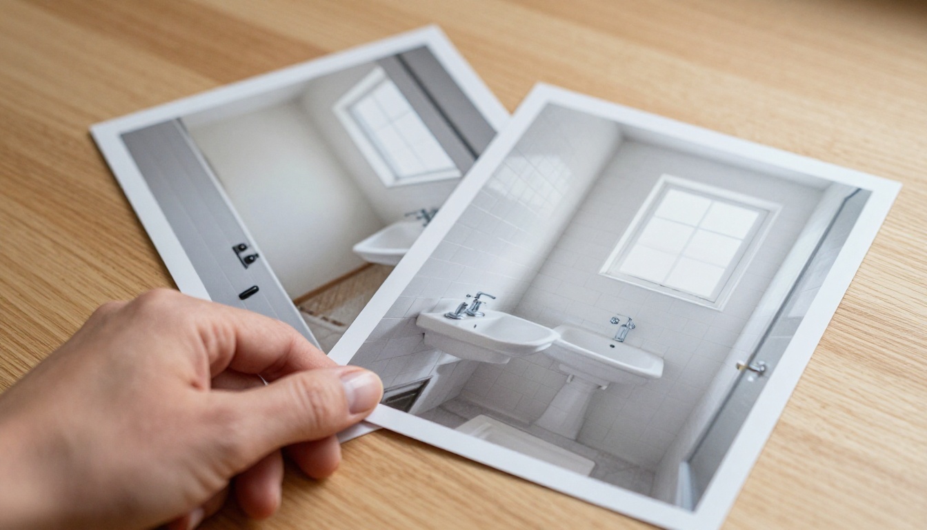 Printed before-and-after renovation photographs laid side by side for direct comparison Printed before-and-after renovation photographs laid side by side for direct comparison