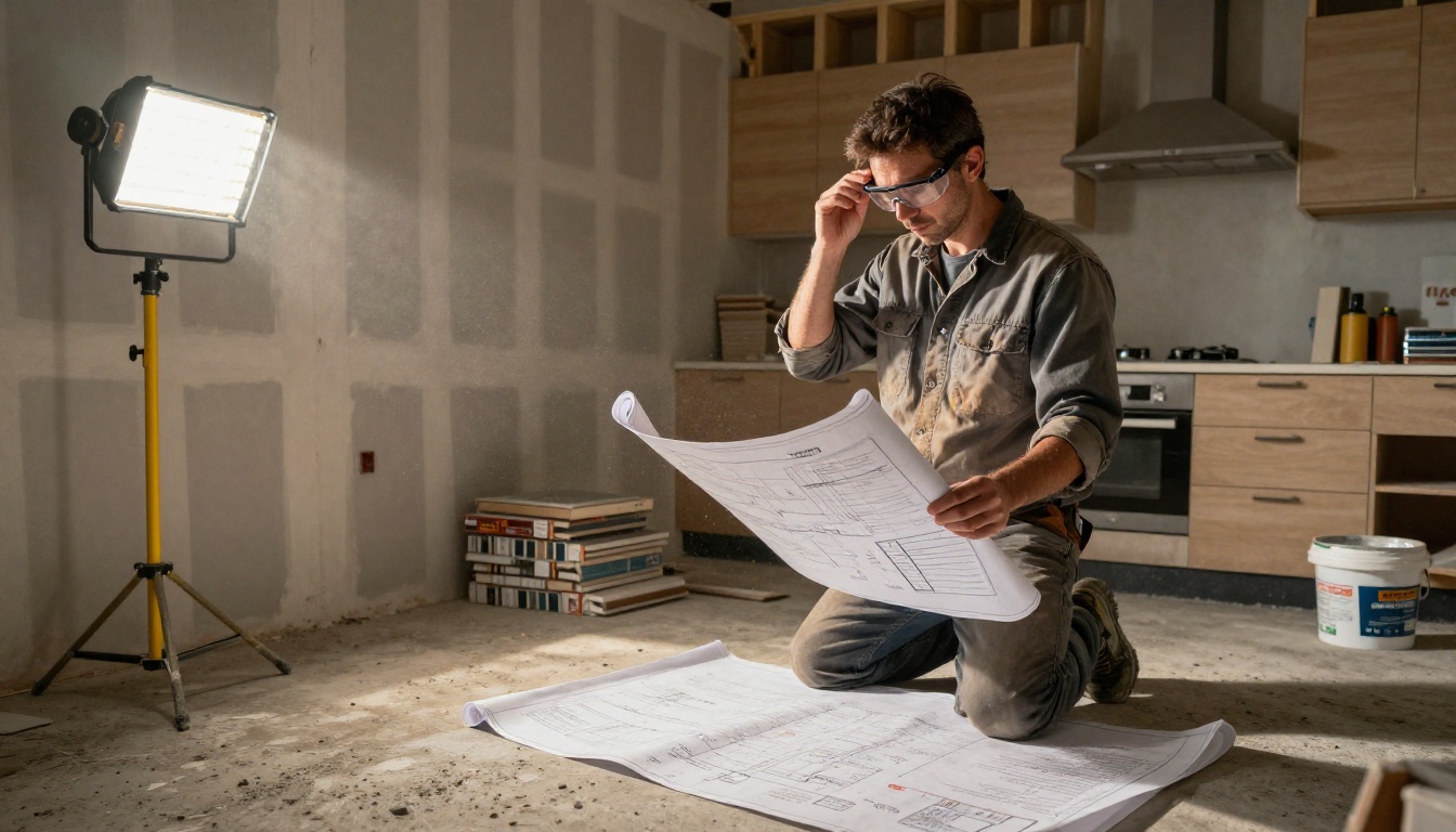 A contractor reviewing renovation blueprints in a partially completed, raw-construction space A contractor reviewing renovation blueprints in a partially completed, raw-construction space