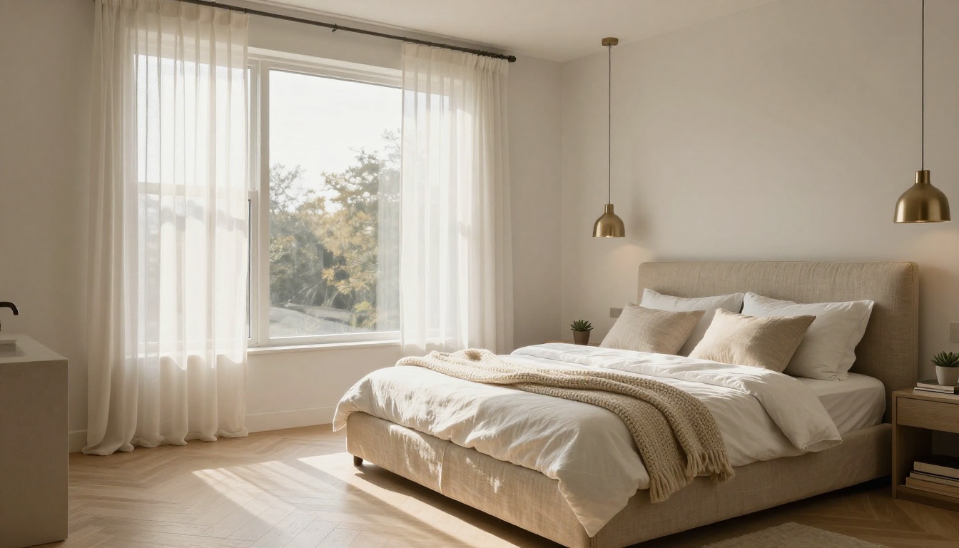 A beautifully renovated master bedroom with morning window light and layered linen bedding A beautifully renovated master bedroom with morning window light and layered linen bedding