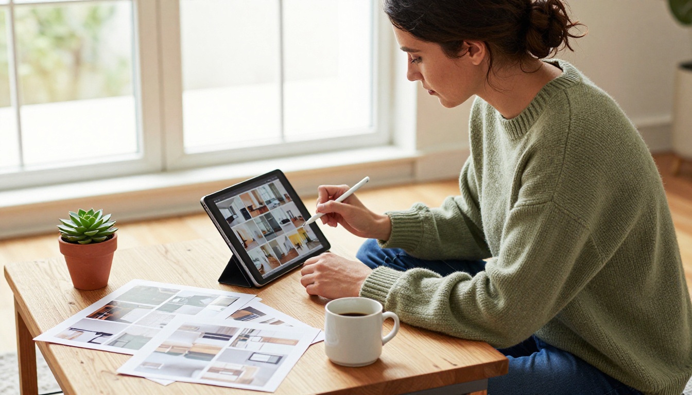 A woman organizing renovation documentation and photos into a digital album on a tablet A woman organizing renovation documentation and photos into a digital album on a tablet